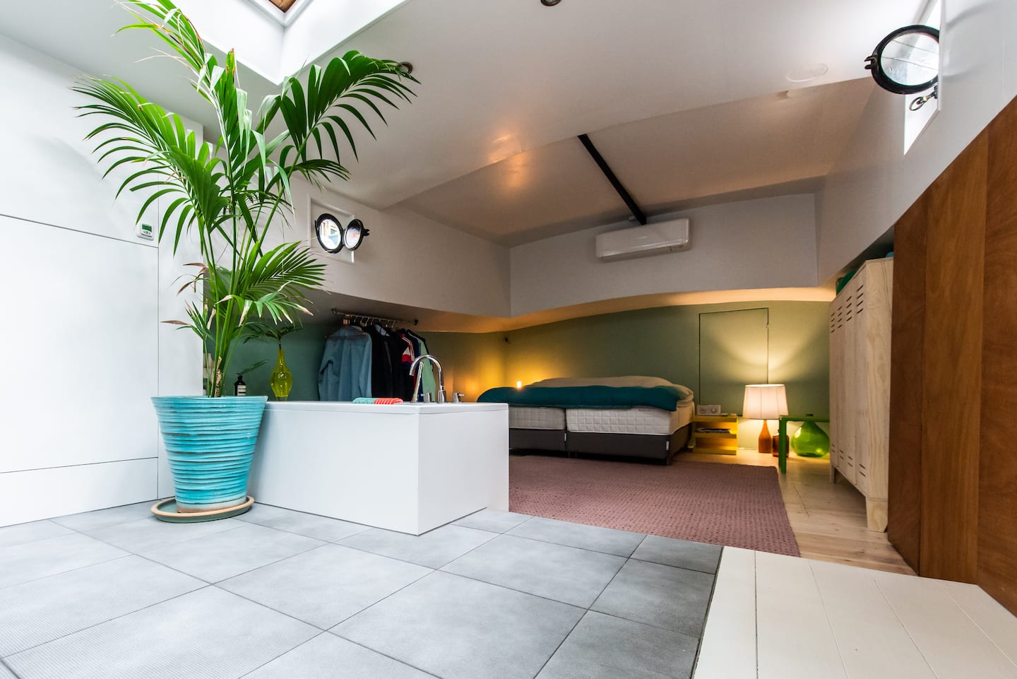 Bright space with plant and bathtub